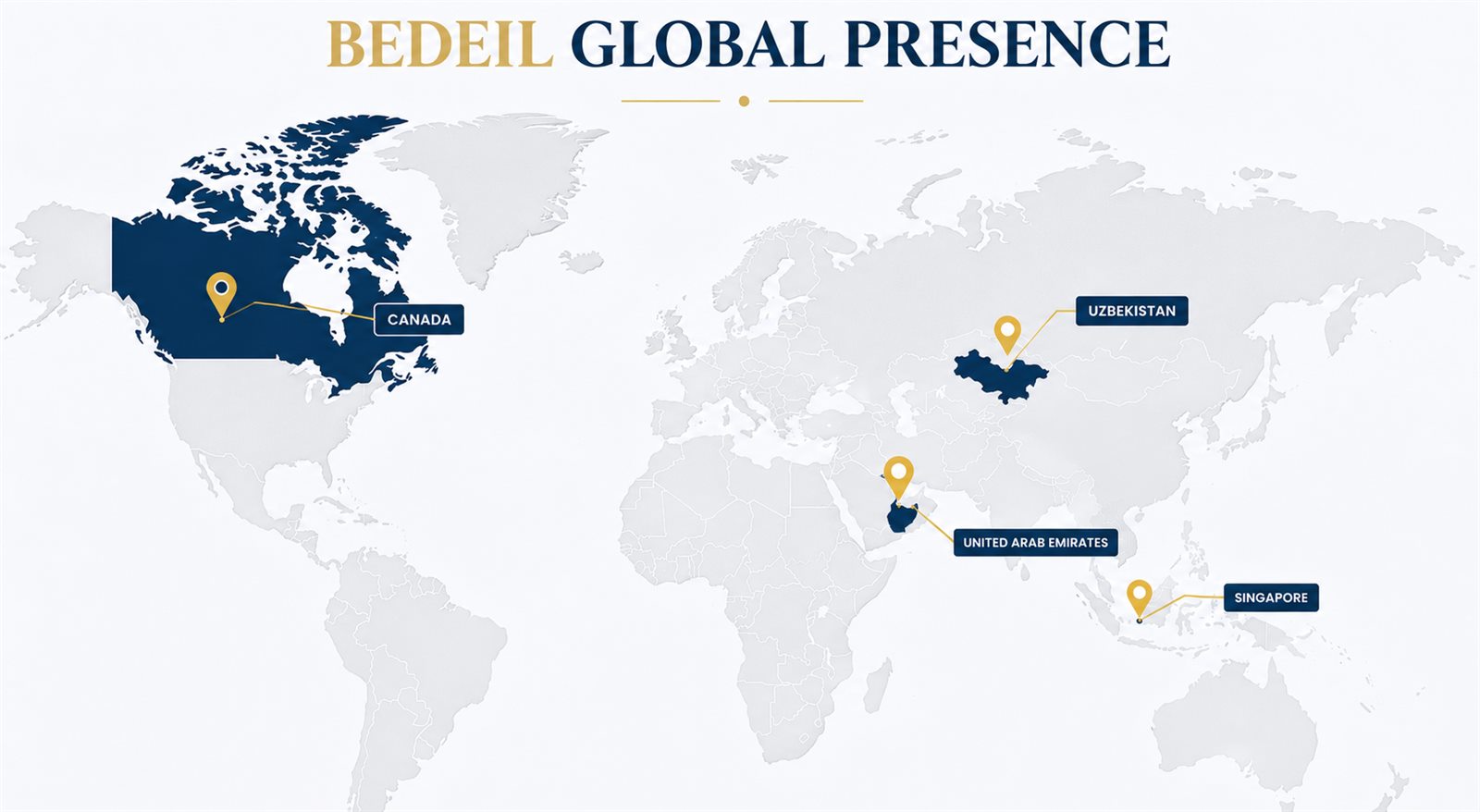 Bedeil Global Presence Map - Canada, UAE, Uzbekistan, Singapore
